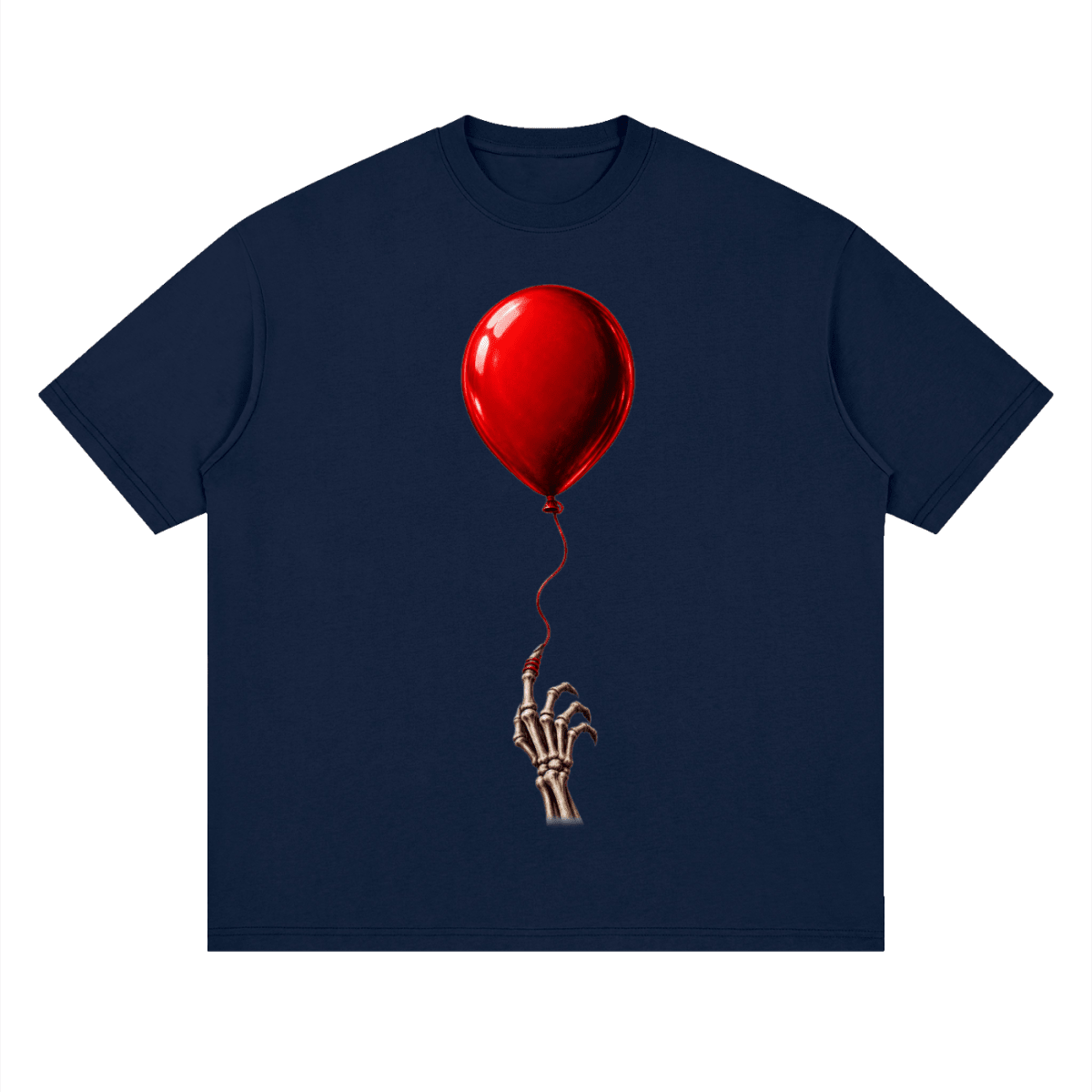 Navy blue The Last Balloon drop shoulder T-shirt, front view with a shiny red balloon tethered to a skeletal hand.