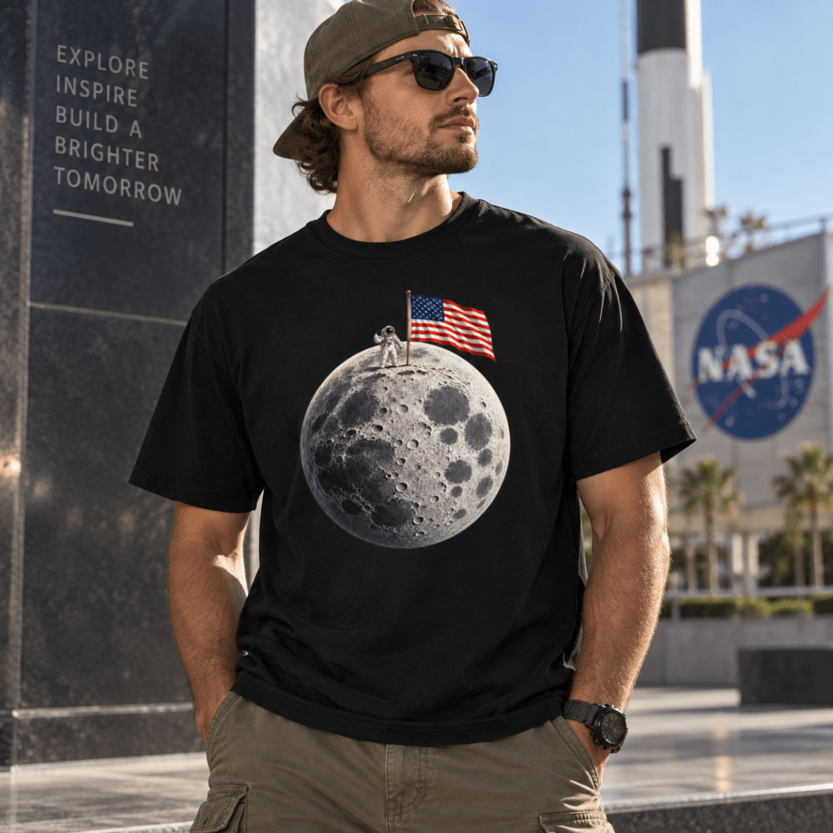 The Moon Is Ours Astronaut and American Flag Essential Cotton T-Shirt - Shirt Habit