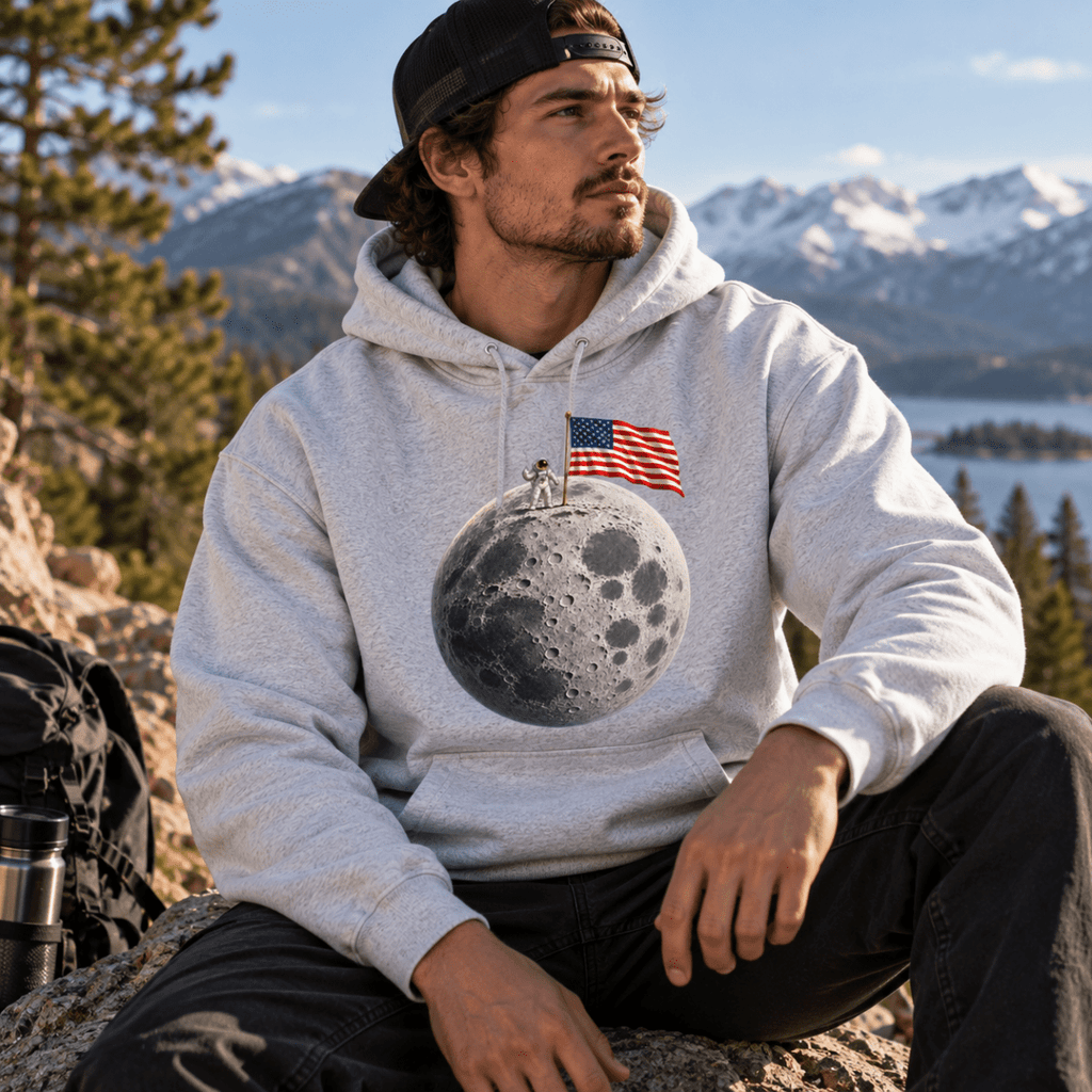 The Moon Is Ours Astronaut and American Flag Essential Heavyweight Hoodie - Shirt Habit