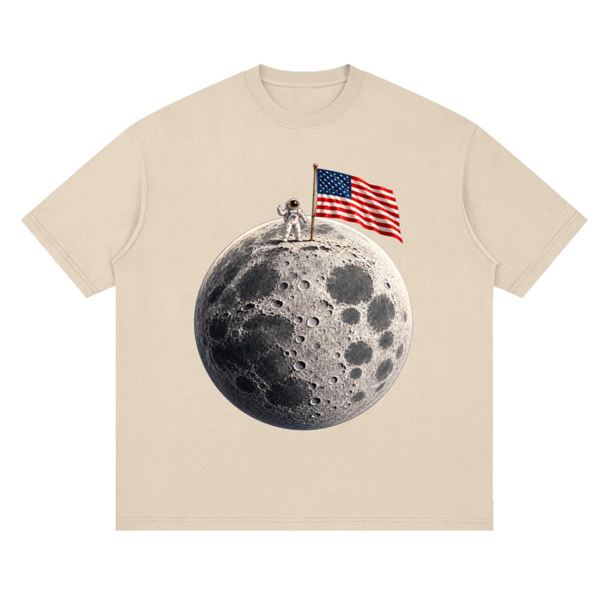The Moon Is Ours Astronaut and American Flag Essential Streetwear Loose Drop Shoulder T-Shirt - Shirt Habit