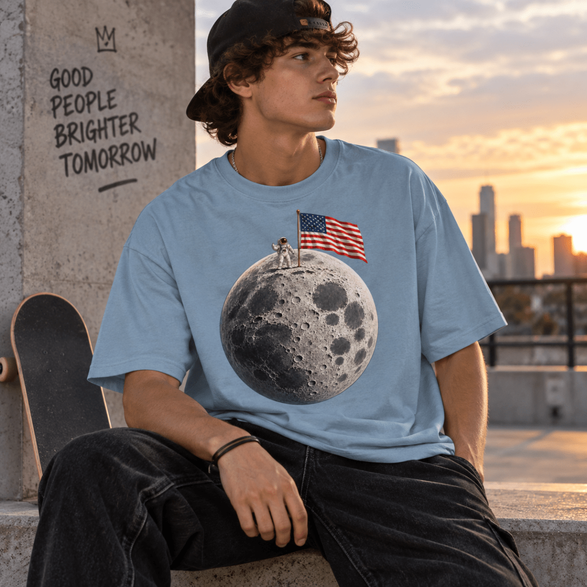 The Moon Is Ours Astronaut and American Flag Essential Streetwear Loose Drop Shoulder T-Shirt - Shirt Habit