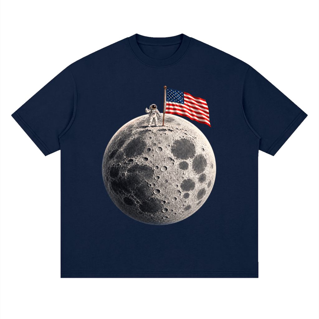 The Moon Is Ours Astronaut and American Flag Essential Streetwear Loose Drop Shoulder T-Shirt - Shirt Habit
