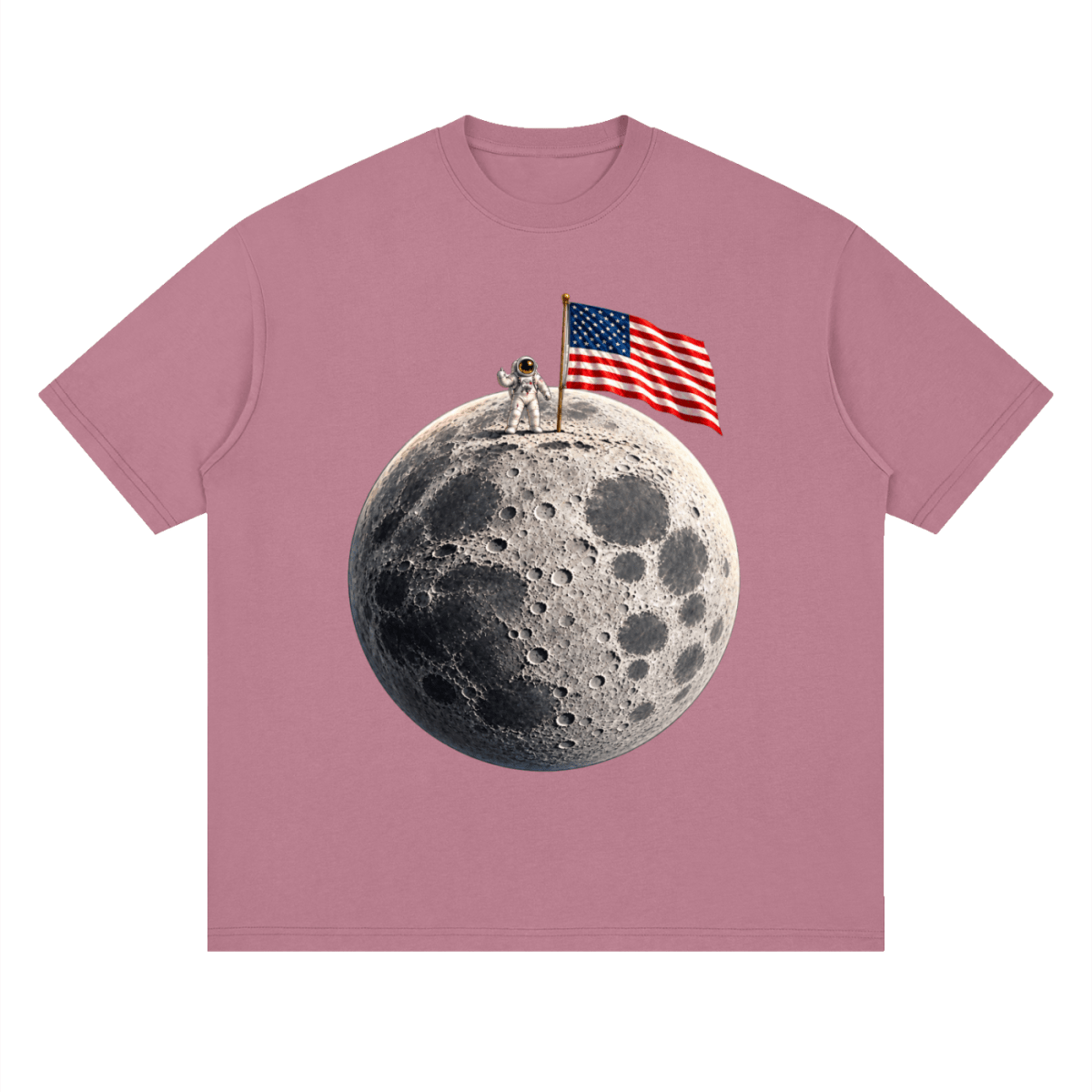 The Moon Is Ours Astronaut and American Flag Essential Streetwear Loose Drop Shoulder T-Shirt - Shirt Habit