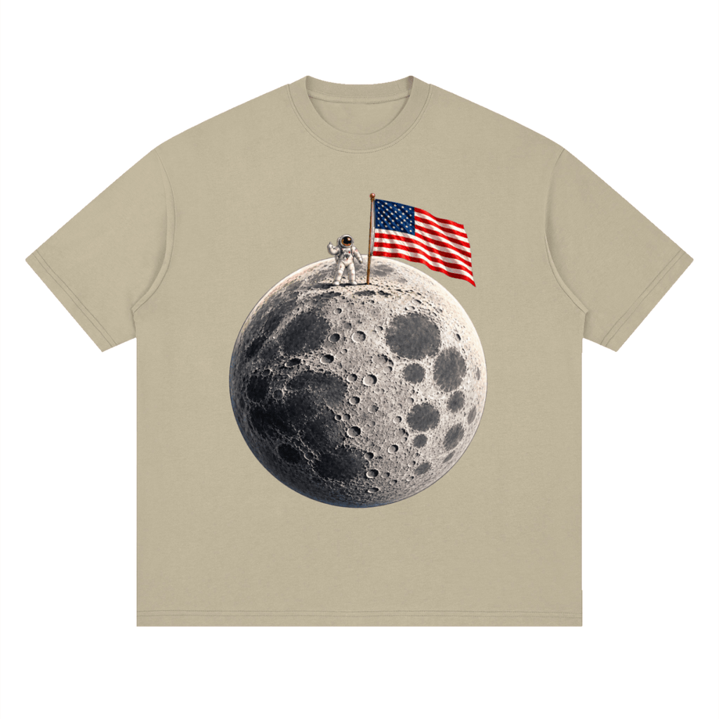 The Moon Is Ours Astronaut and American Flag Essential Streetwear Loose Drop Shoulder T-Shirt - Shirt Habit