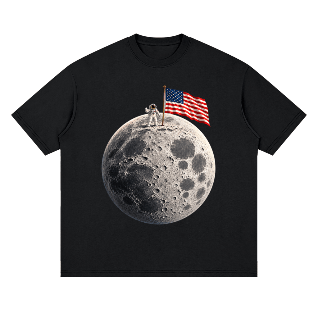 The Moon Is Ours Astronaut and American Flag Essential Streetwear Loose Drop Shoulder T-Shirt - Shirt Habit