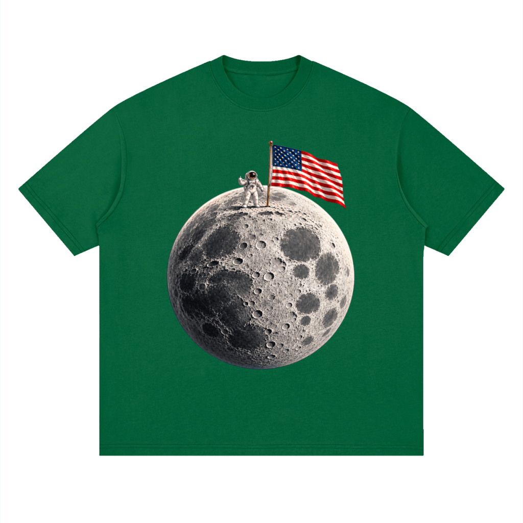 The Moon Is Ours Astronaut and American Flag Essential Streetwear Loose Drop Shoulder T-Shirt - Shirt Habit