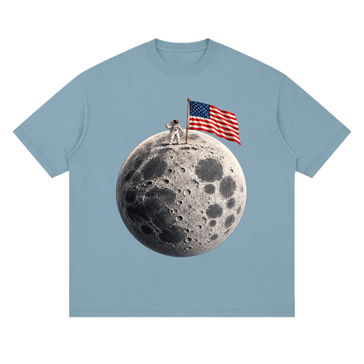 The Moon Is Ours Astronaut and American Flag Essential Streetwear Loose Drop Shoulder T-Shirt - Shirt Habit