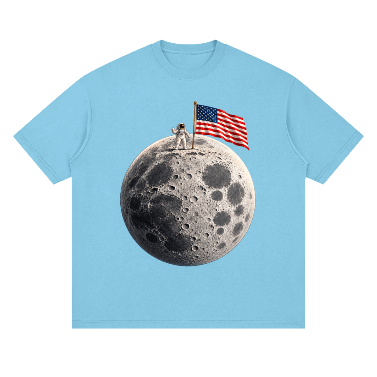 The Moon Is Ours Astronaut and American Flag Essential Streetwear Loose Drop Shoulder T-Shirt - Shirt Habit