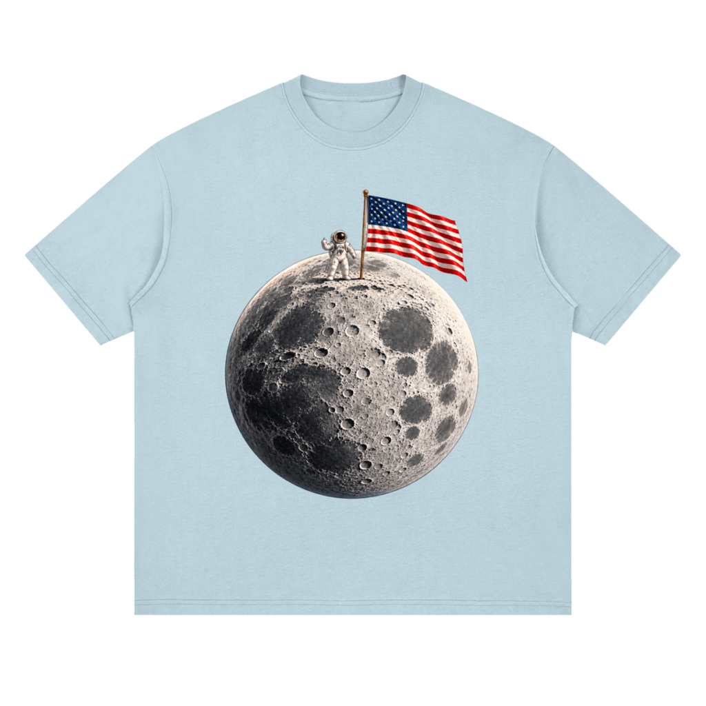 The Moon Is Ours Astronaut and American Flag Essential Streetwear Loose Drop Shoulder T-Shirt - Shirt Habit