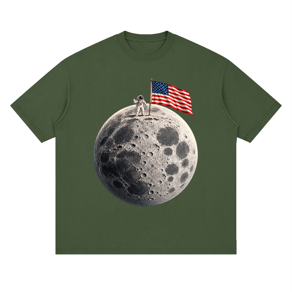 The Moon Is Ours Astronaut and American Flag Essential Streetwear Loose Drop Shoulder T-Shirt - Shirt Habit