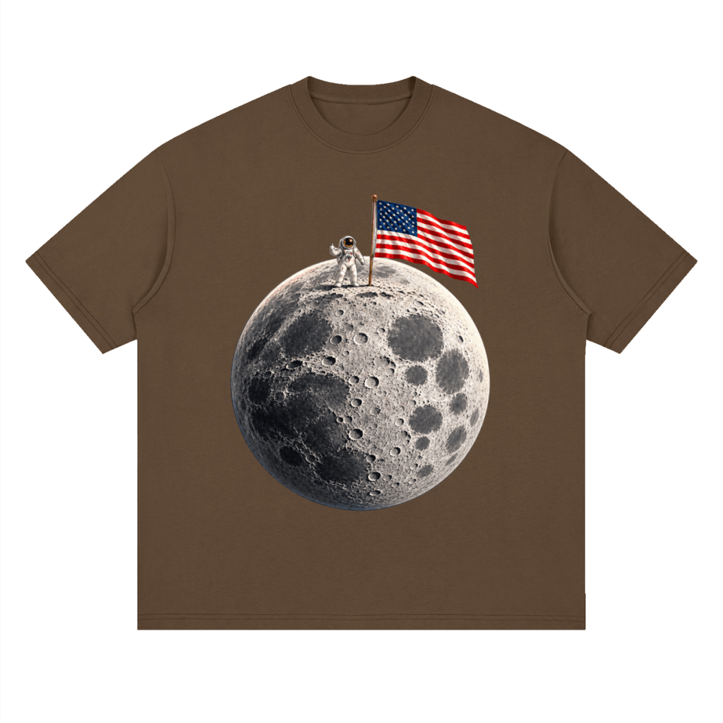 The Moon Is Ours Astronaut and American Flag Essential Streetwear Loose Drop Shoulder T-Shirt - Shirt Habit