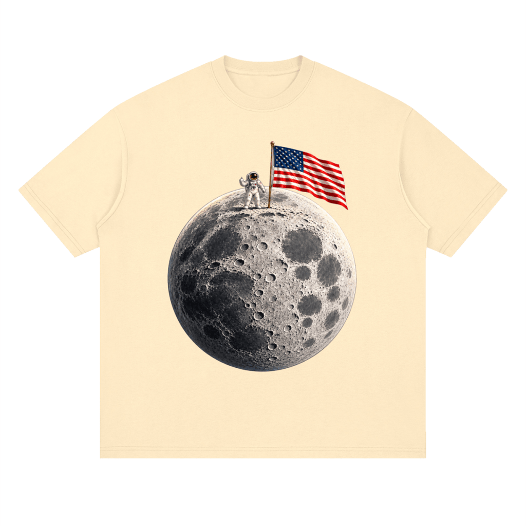 The Moon Is Ours Astronaut and American Flag Essential Streetwear Loose Drop Shoulder T-Shirt - Shirt Habit