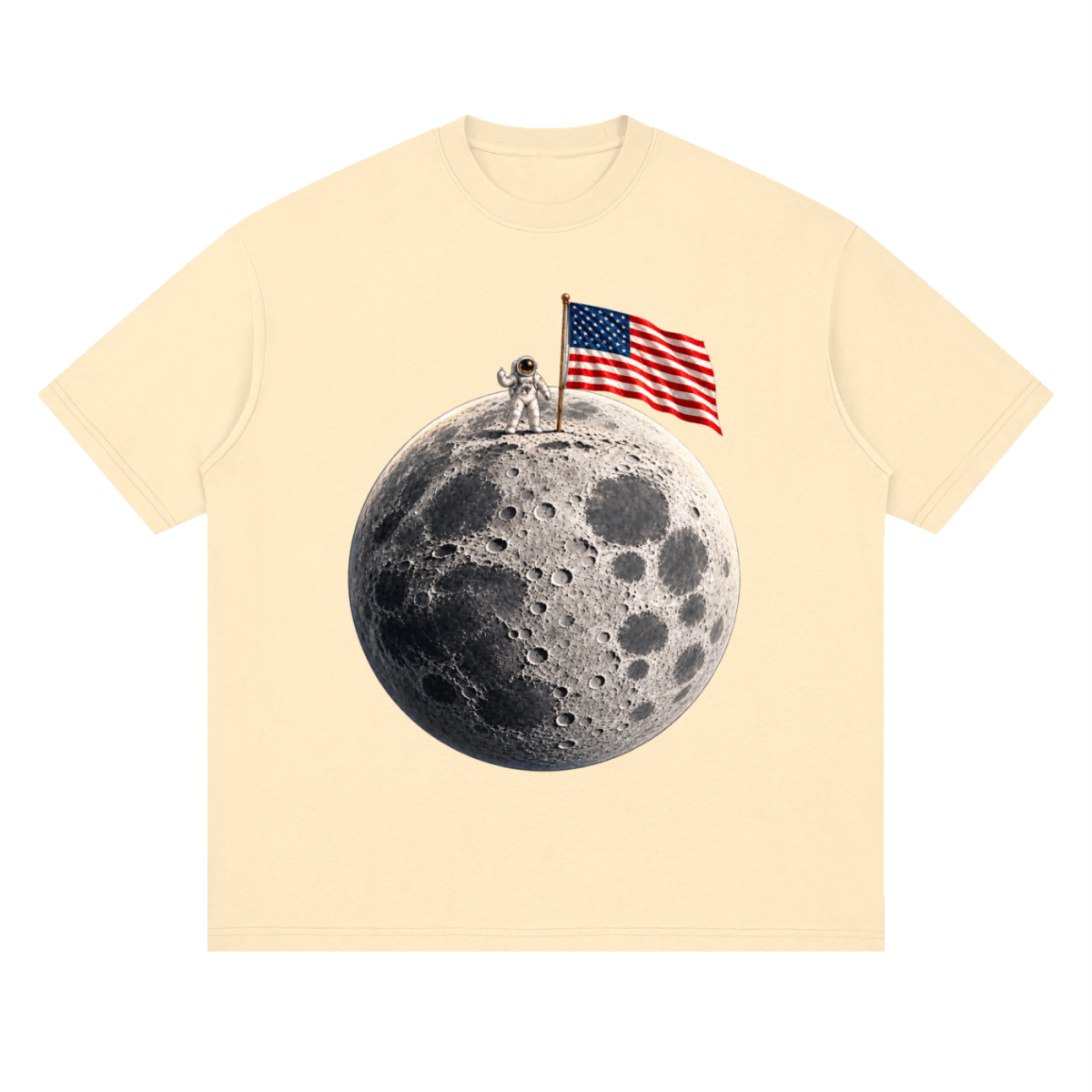 The Moon Is Ours Astronaut and American Flag Essential Streetwear Loose Drop Shoulder T-Shirt - Shirt Habit