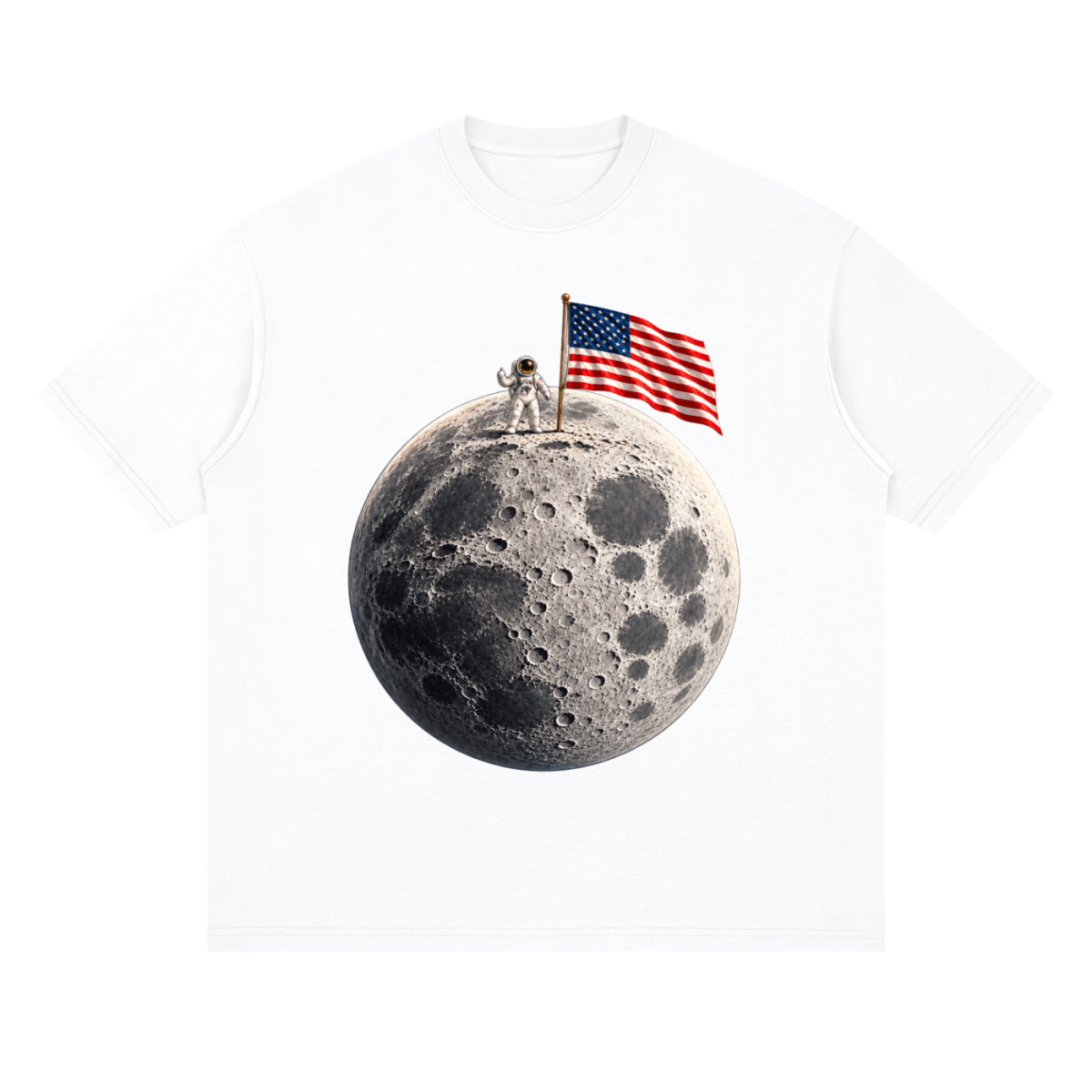 The Moon Is Ours Astronaut and American Flag Essential Streetwear Loose Drop Shoulder T-Shirt - Shirt Habit
