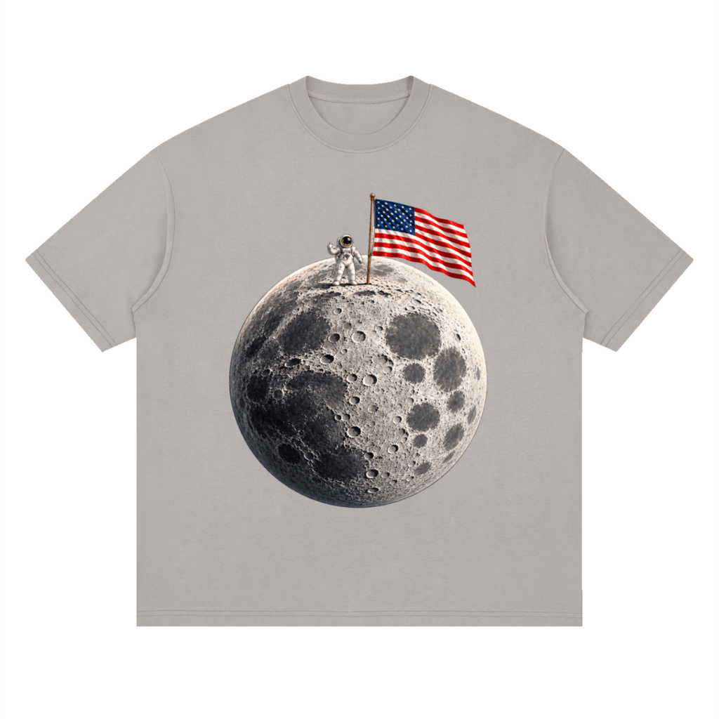 The Moon Is Ours Astronaut and American Flag Essential Streetwear Loose Drop Shoulder T-Shirt - Shirt Habit
