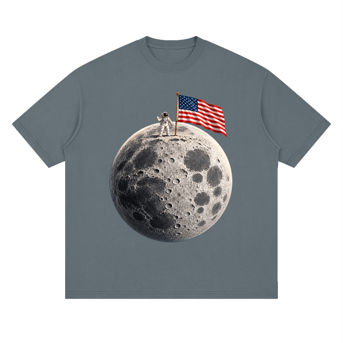 The Moon Is Ours Astronaut and American Flag Essential Streetwear Loose Drop Shoulder T-Shirt - Shirt Habit