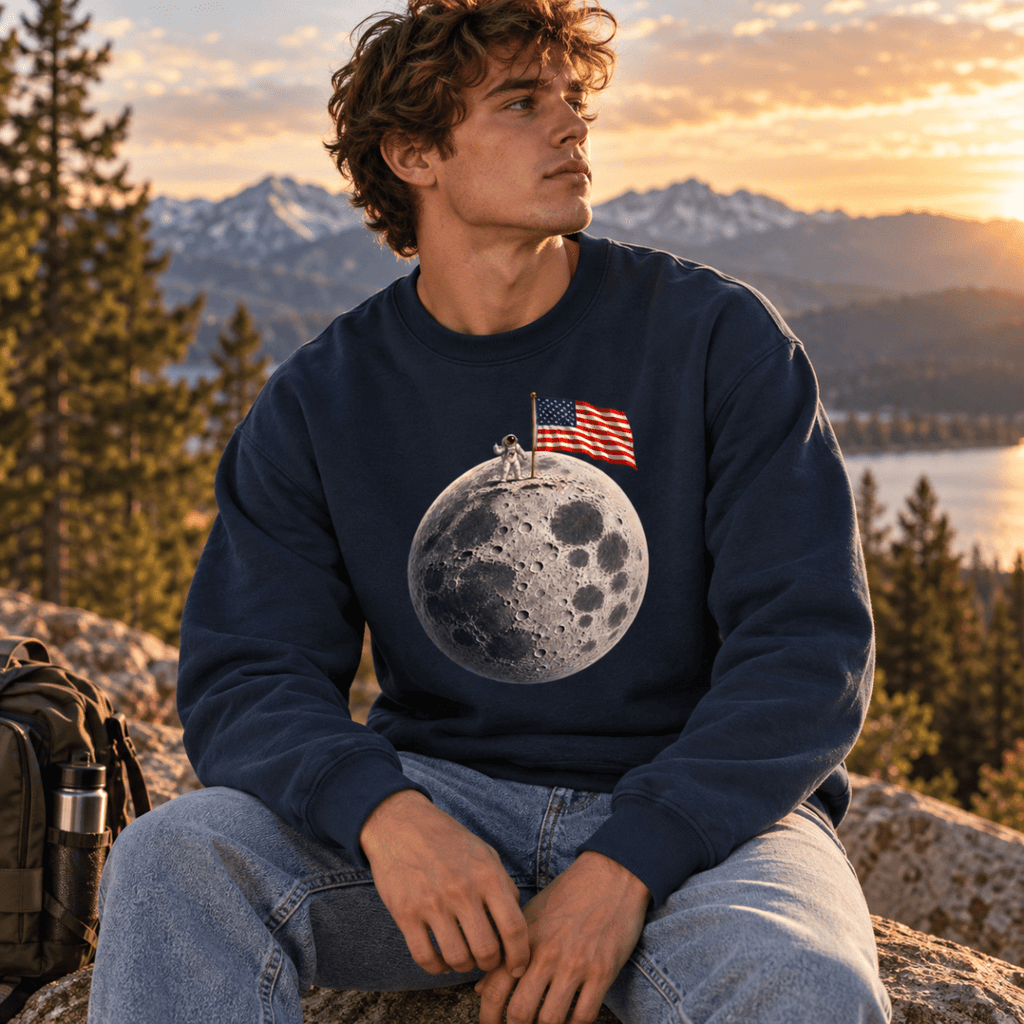 The Moon Is Ours Astronaut and American Flag Loose Crewneck Sweatshirt - Shirt Habit