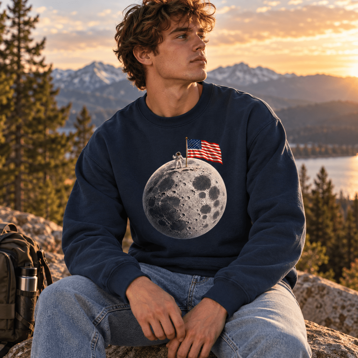 The Moon Is Ours Astronaut and American Flag Loose Crewneck Sweatshirt - Shirt Habit