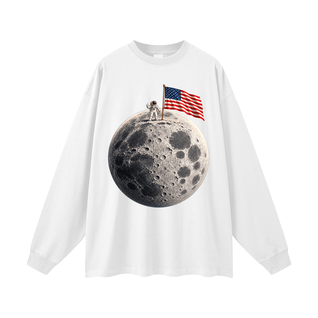The Moon Is Ours Astronaut and American Flag Oversized Long Sleeve T-Shirt - Shirt Habit