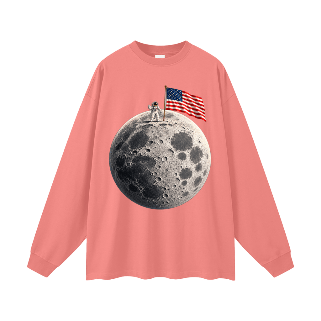 The Moon Is Ours Astronaut and American Flag Oversized Long Sleeve T-Shirt - Shirt Habit
