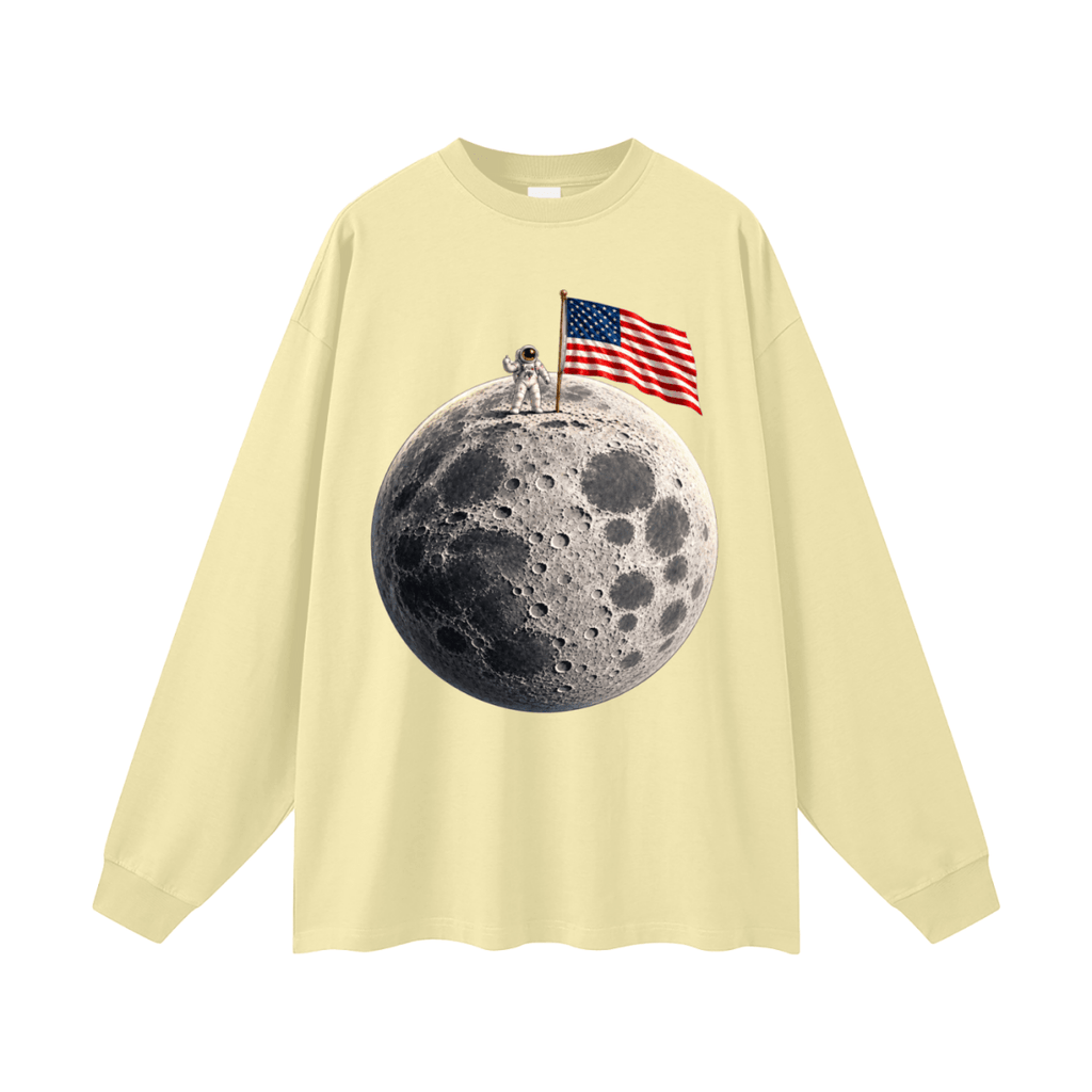 The Moon Is Ours Astronaut and American Flag Oversized Long Sleeve T-Shirt - Shirt Habit
