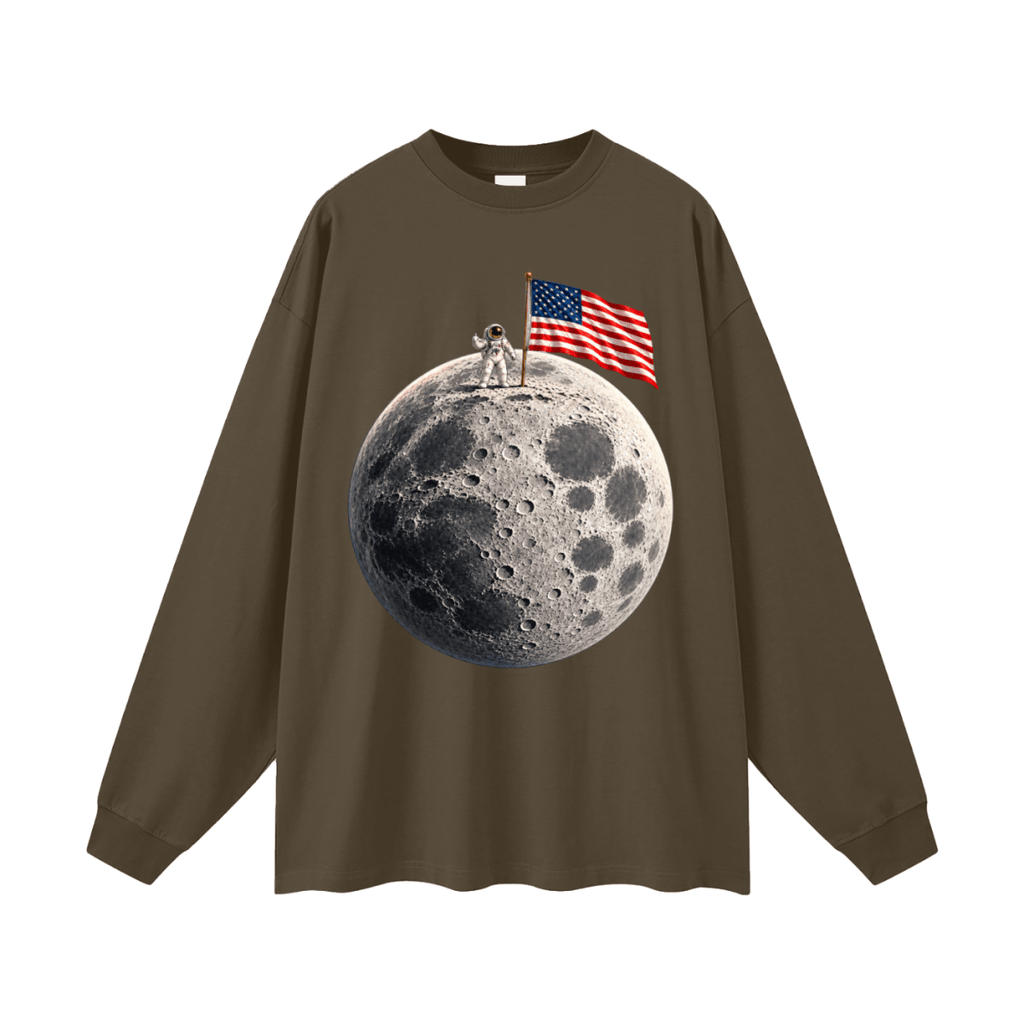 The Moon Is Ours Astronaut and American Flag Oversized Long Sleeve T-Shirt - Shirt Habit
