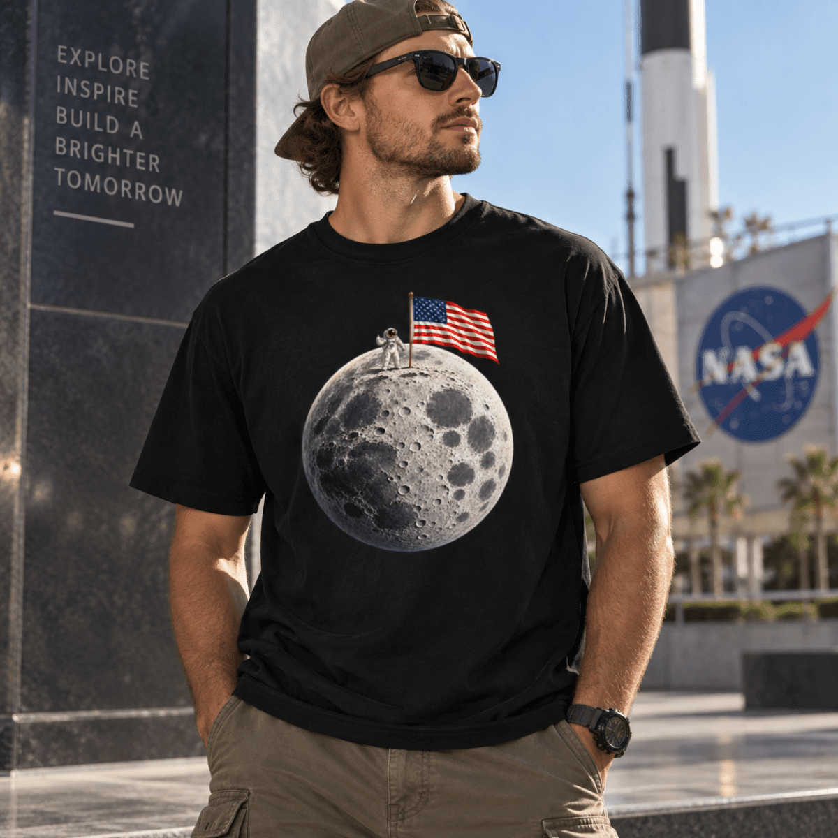 Model wearing a black The Moon Is Ours astronaut and American flag T-shirt near a NASA sign.