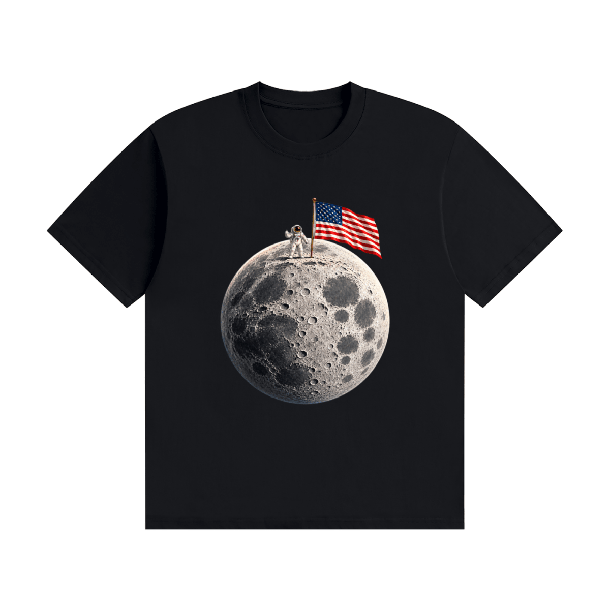 Black cotton T-shirt, front view with an astronaut and American flag on a cratered moon.