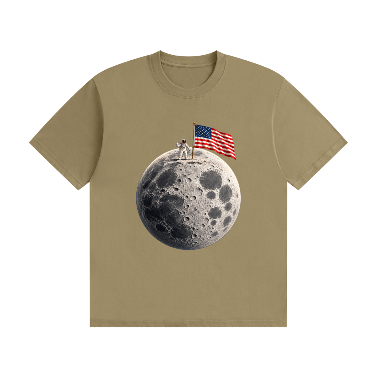 Khaki cotton T-shirt, front view with an astronaut and American flag on a cratered moon.