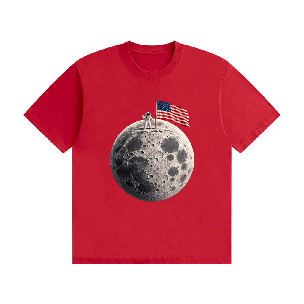 Red cotton T-shirt, front view with an astronaut and American flag on a cratered moon.