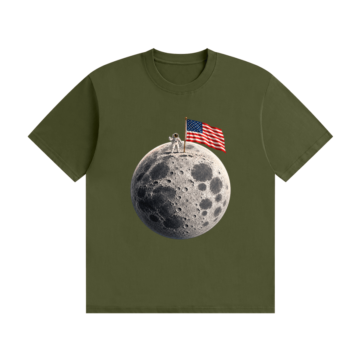 Olive green cotton T-shirt, front view with an astronaut and American flag on a cratered moon.