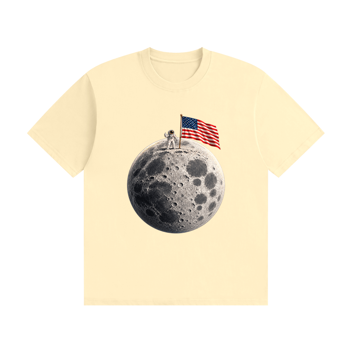 Cream cotton T-shirt, front view with an astronaut and American flag on a cratered moon.