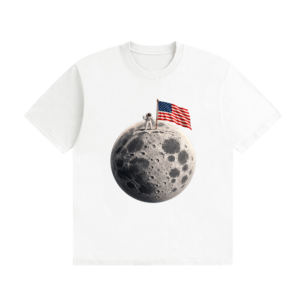 White cotton T-shirt, front view with an astronaut and American flag on a cratered moon.